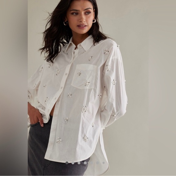MAEVE by ANTHROPOLOGIE Bennet Button Down Shirt Pearl Embellishment Edition - Picture 1 of 8